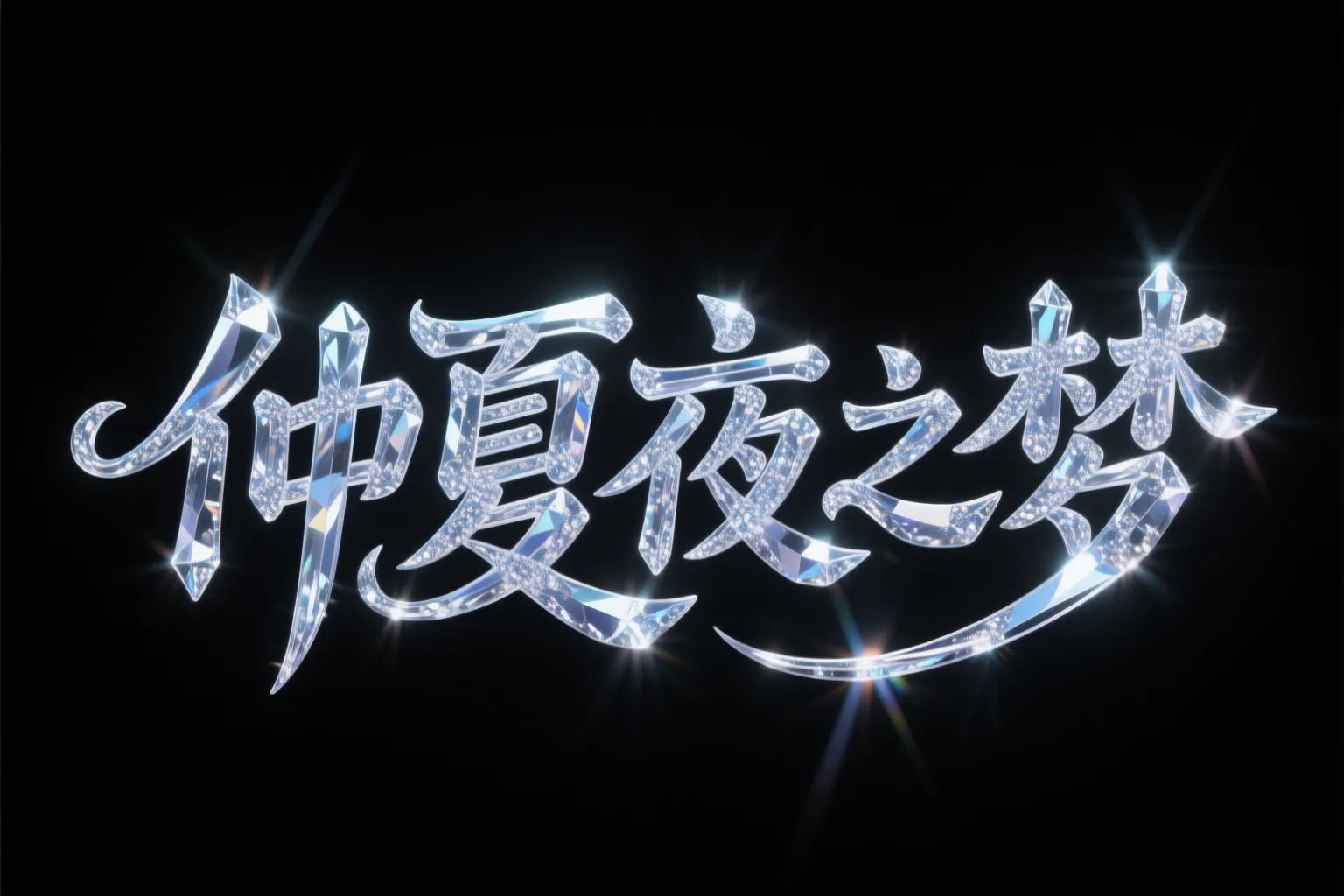 水晶质感文字与黑色背景：在C4D里创建 “仲夏夜之梦” 文字，字体设计为灵动的手写花体，线条优美。文字模型呈现出璀璨的水晶质感，内部有细微的折射和光芒散射效果，仿佛由无数细小的晶体组成。黑色背景深邃神秘，与闪耀的水晶文字形成鲜明对比，突出文字的华丽与梦幻。