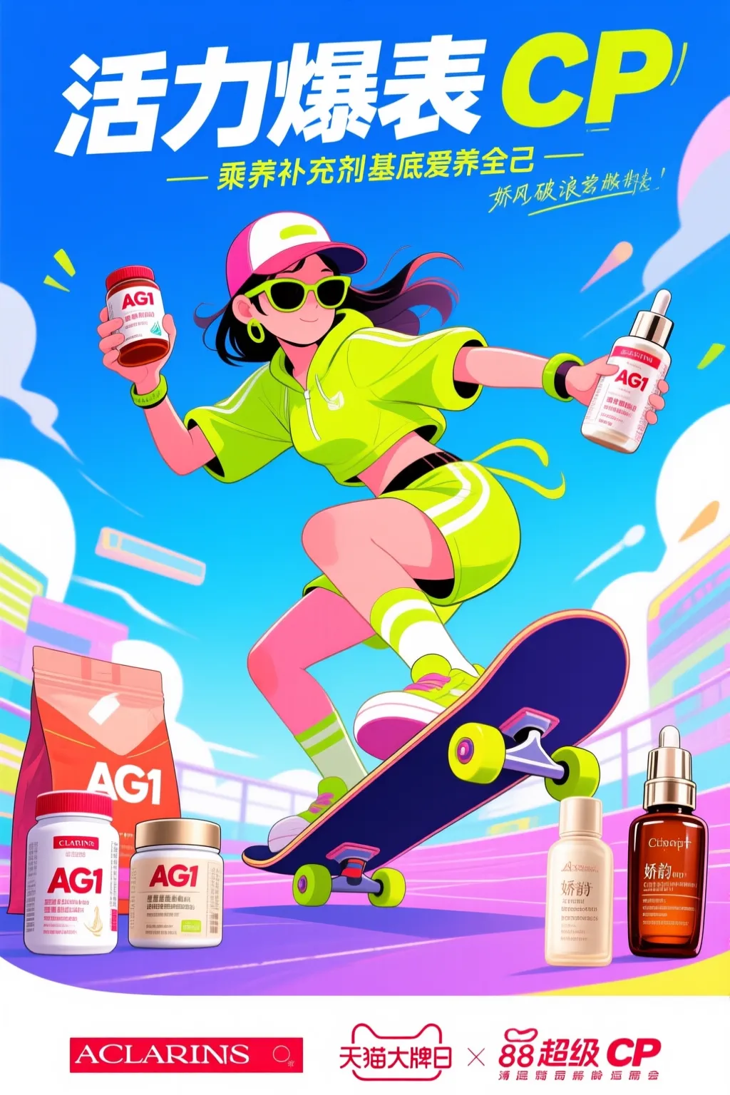 创作一幅潮流插画风格的海报，以 “活力爆表 CP” 为主题，画面中有一位戴着帽子、墨镜，穿着亮色运动装的酷女孩，正在滑板上做动感动作，手中分别拿着 AG1 营养补充剂和娇韵诗精华，周围摆放 AG1 产品（罐、袋、瓶）与娇韵诗双萃精华，搭配 “乘风破浪爱自己” 文案，突出天猫大牌日 “超级 CP” 概念，体现产品（AG1 营养补充剂、娇韵诗精华）、人物（活力滑板女孩）、场景（潮流运动风 ）、风格（潮流插画、青春活力） ，强调 “营养补充剂基底营养全面”“精华满足不同肌龄需求” 的卖点，融入品牌元素（AG1、CLARINS 标识，天猫大牌日、88 超级 CP 运动会信息 ），色彩鲜亮活泼，营造时尚、自信、爱自己的氛围 ，排版上突出 “活力爆表 CP” 大字标题