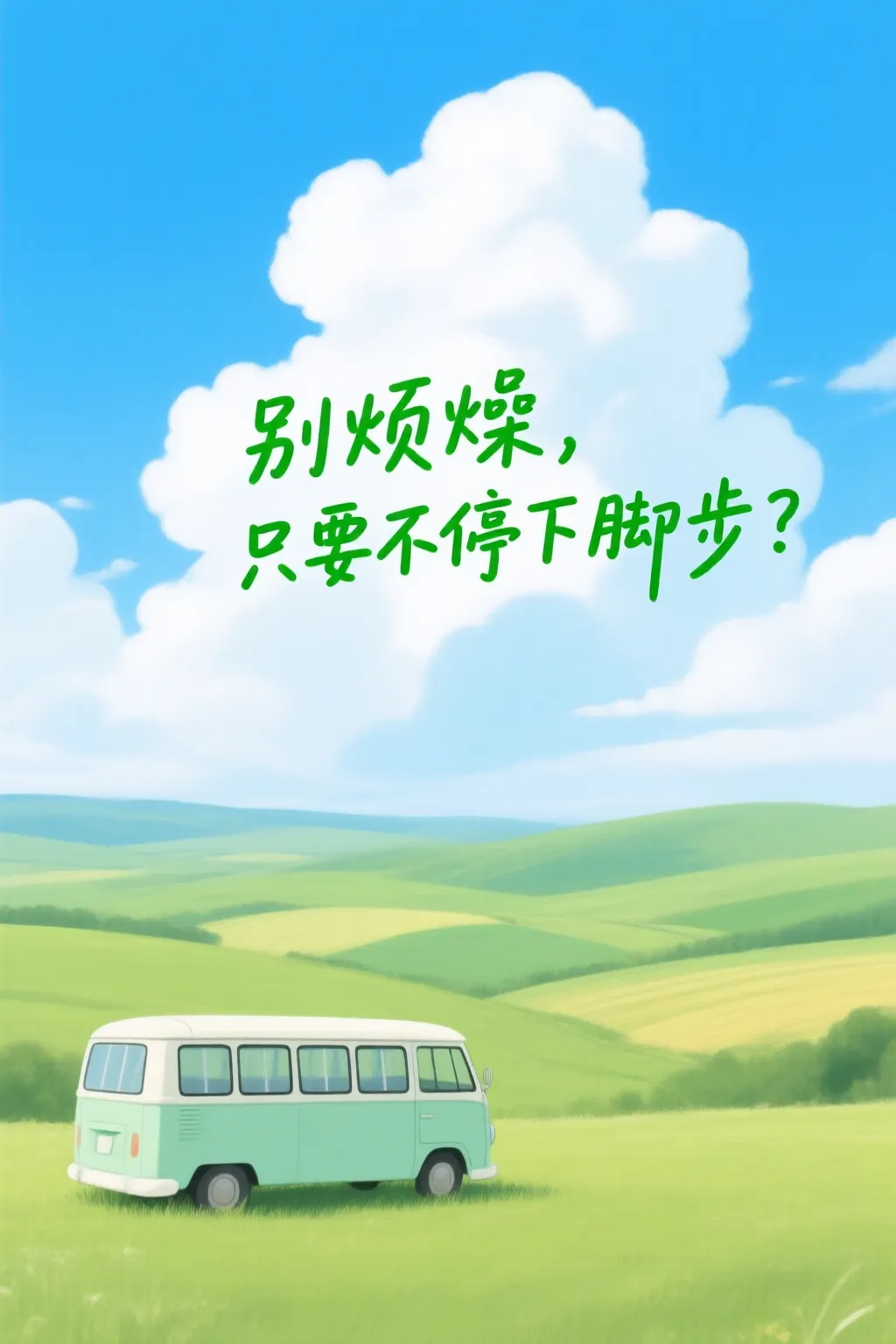 一幅治愈系的插画风景画，整体画面清新自然，色调以蓝绿为主，画风温柔柔和。天空湛蓝，布满大片蓬松洁白的云朵。画面下方是一望无际的绿色草原和起伏的田野，色块分明，呈现出一种宁静平和的自然之美。画面左下角有一辆淡绿色的中型巴士停靠在草地上，巴士简洁复古，车窗清晰可见，呈现出一种安静旅行的氛围。画面中心偏上的位置写有一行绿色手写字体的励志文字：“别烦躁，只要不停下脚步。”这句话给人以温柔鼓励的感觉，与整体画面氛围高度融合，传达出一种积极、坚持、自我疗愈的情绪。
