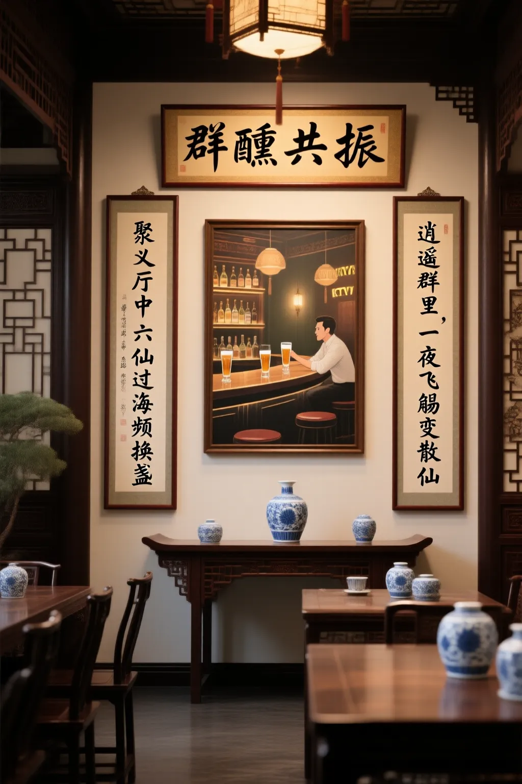 超高清，高质量，8K，HDR，一副典雅庄重的对联悬挂于厅堂之中，房间是个安静古典的中式布置，桌子上放着一些青花瓷，对联上左书“聚义厅中，六仙过海频换盏”，右书“逍遥群里，一夜飞觞变散仙”， 横批“群醺共振”，字体飘逸，中间挂在一着一副中国风的酒吧喝酒的画作，内容是KTV。
