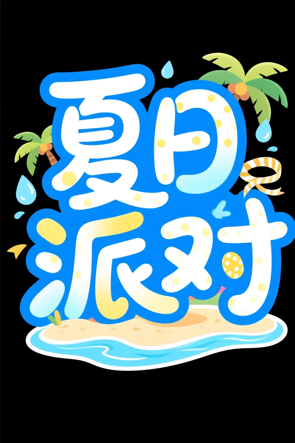 超高清，高质量，8K，HDR，卡通趣味风格，字形圆润饱满，笔画边缘流畅有弧度，模仿软笔手写质感，弱化尖锐转折，呈现活泼亲和感；色彩搭配：主色调选明亮蓝色，搭配白色、浅黄、淡蓝等清爽色，部分笔画用带波点的渐变色块填充，营造清凉欢快氛围；装饰元素：融入夏日场景图形（如棕榈树、水滴、丝带等 ），围绕文字做点缀，强化主题关联性；给文字添加蓝色描边，增强立体感；文字内容：夏日沙滩派对；整体风格传递轻松、活泼、充满活力的情绪，适配水上乐园、夏日活动宣传，打造沉浸式主题氛围。矢量图插画，纯白背景